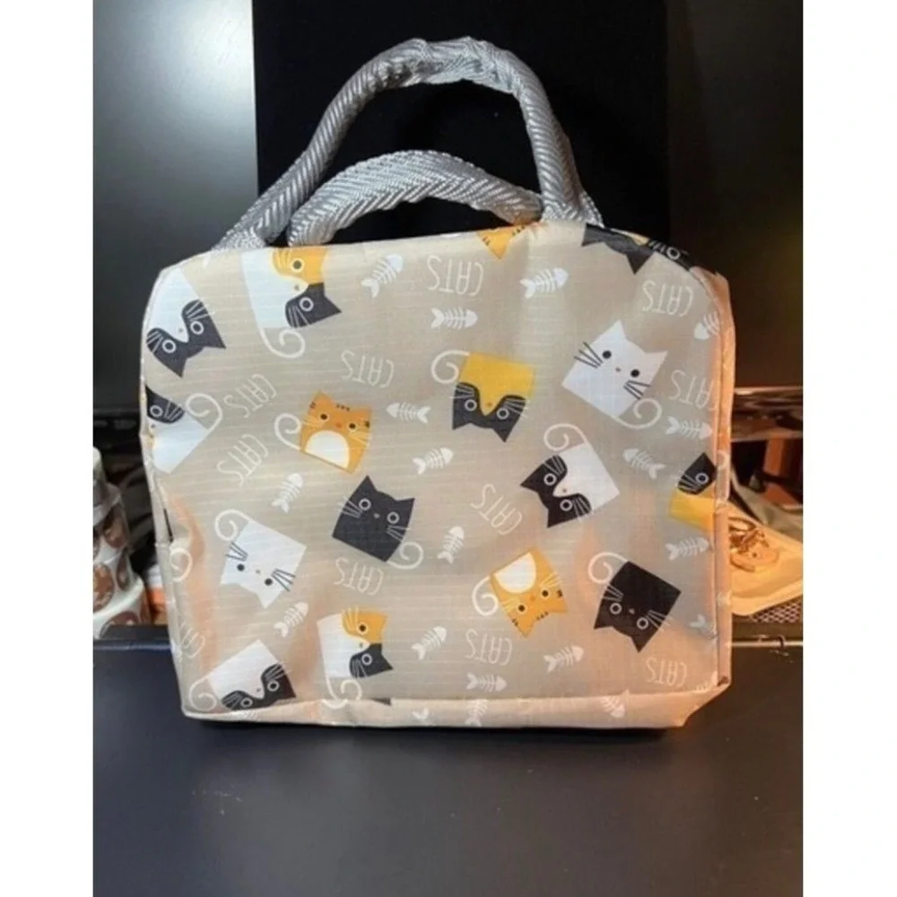 Cat Print Insulated Lunch‎ Bag Gray Kawaii Cute New